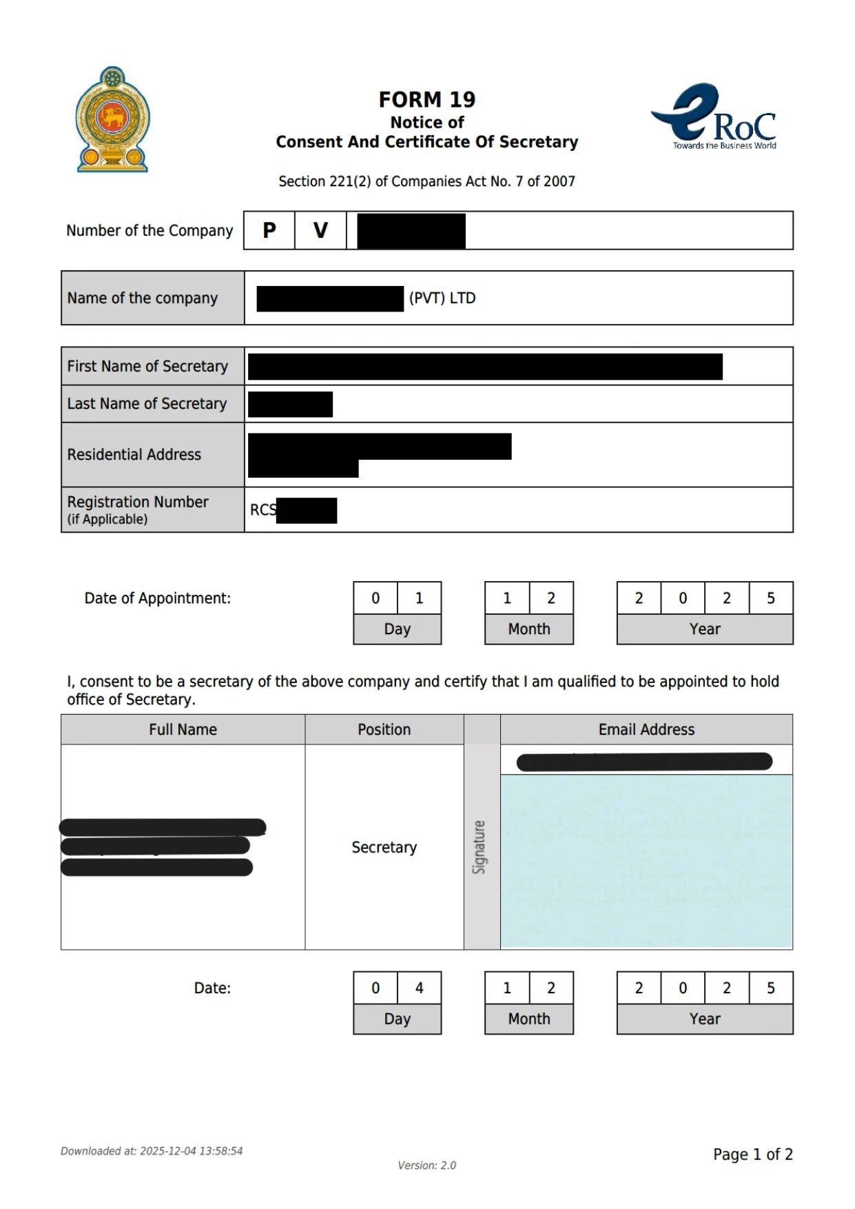 Form 19 to appoint the new company secretary in Sri Lanka