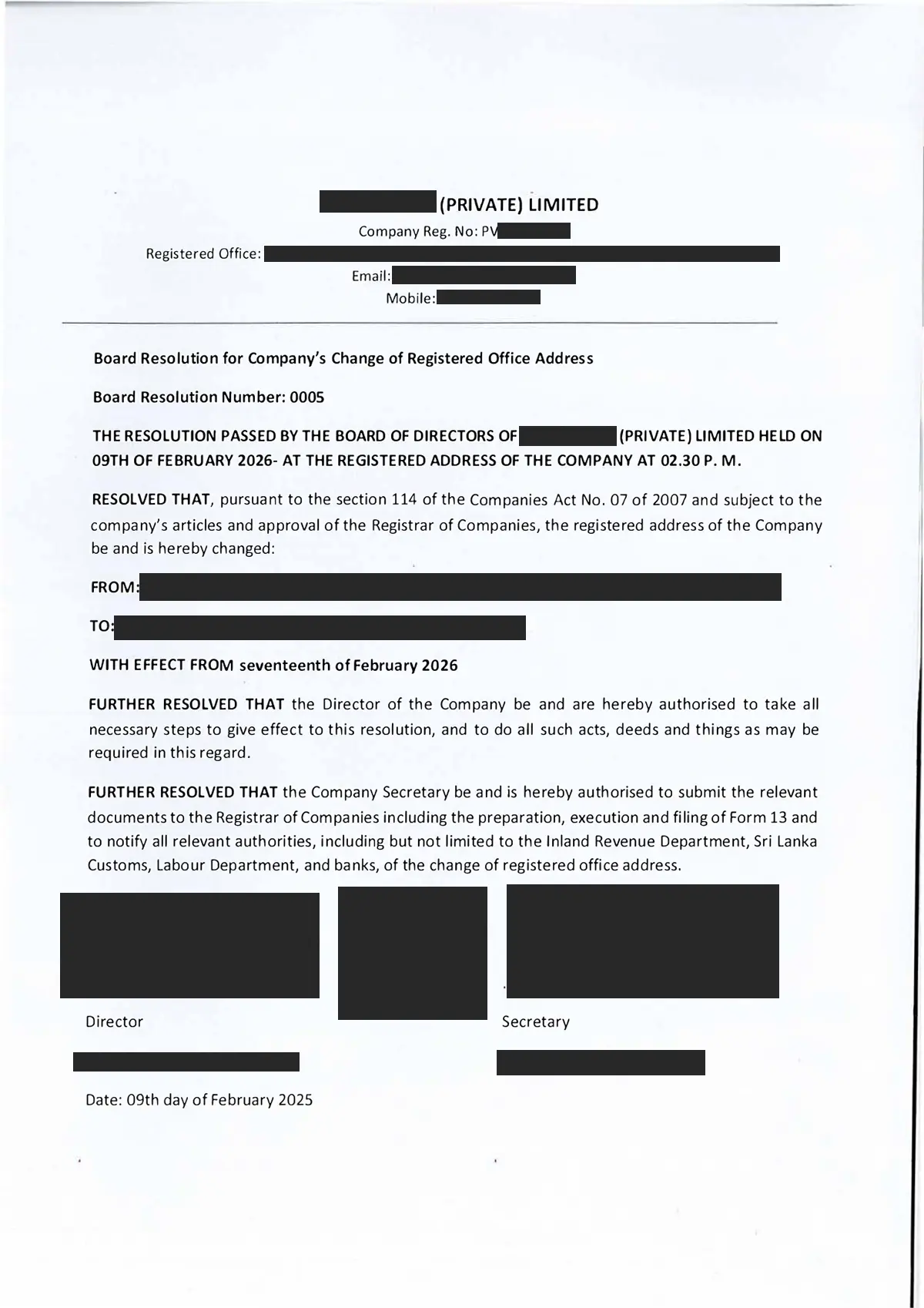 Board Resolution for Change of Company egistered Address in Sri Lanka