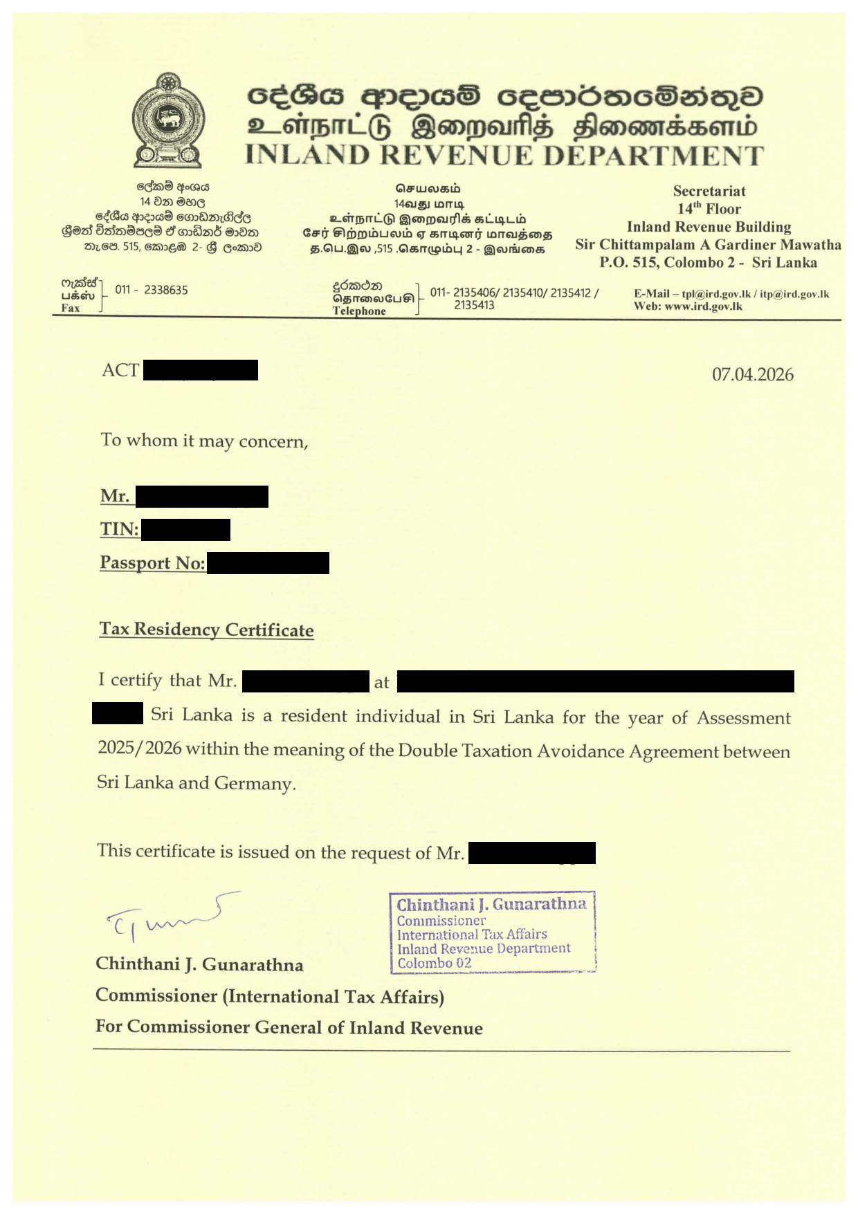 Tax Residency Certificate Individual