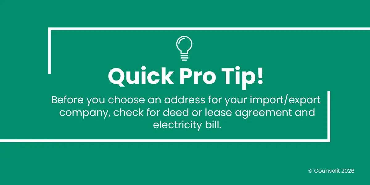 Proof of premises for import export company registered office address